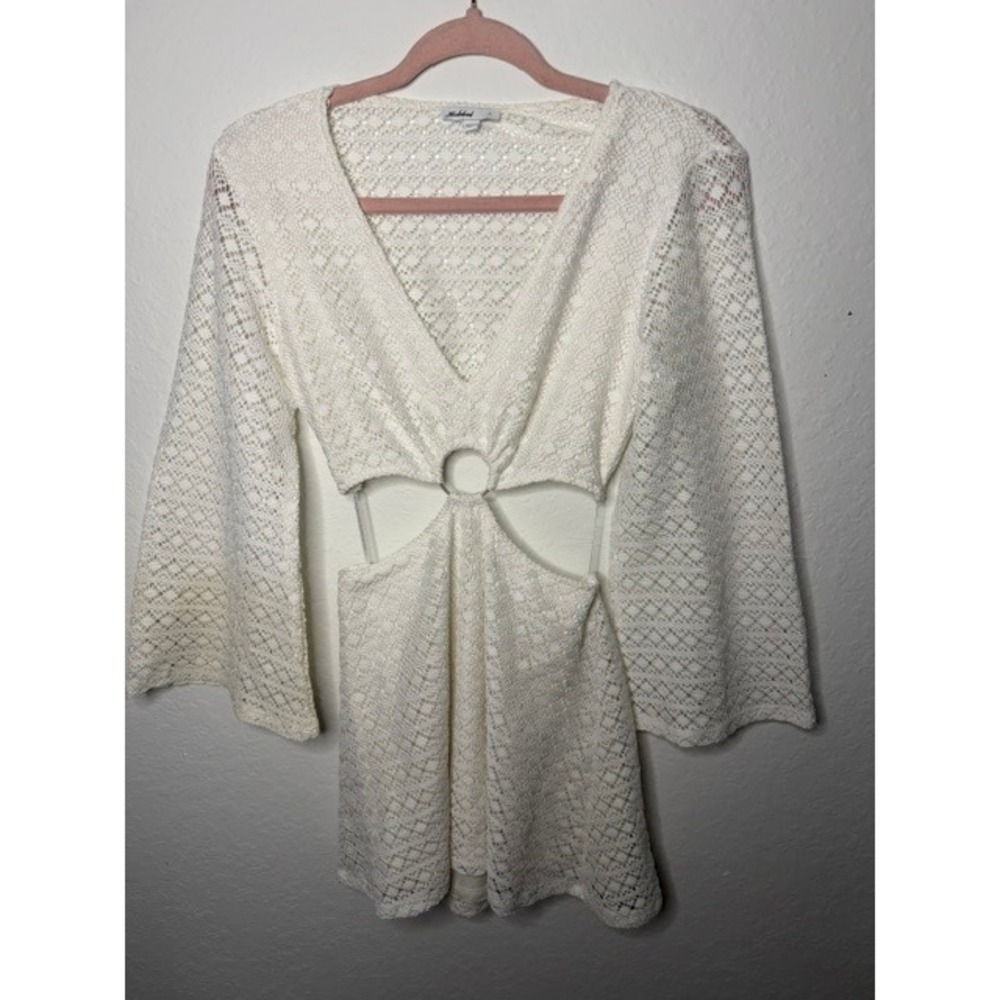 Subdued White Crochet Lace Cutout Mini Dress O-Ring Bell Sleeve Boho Small